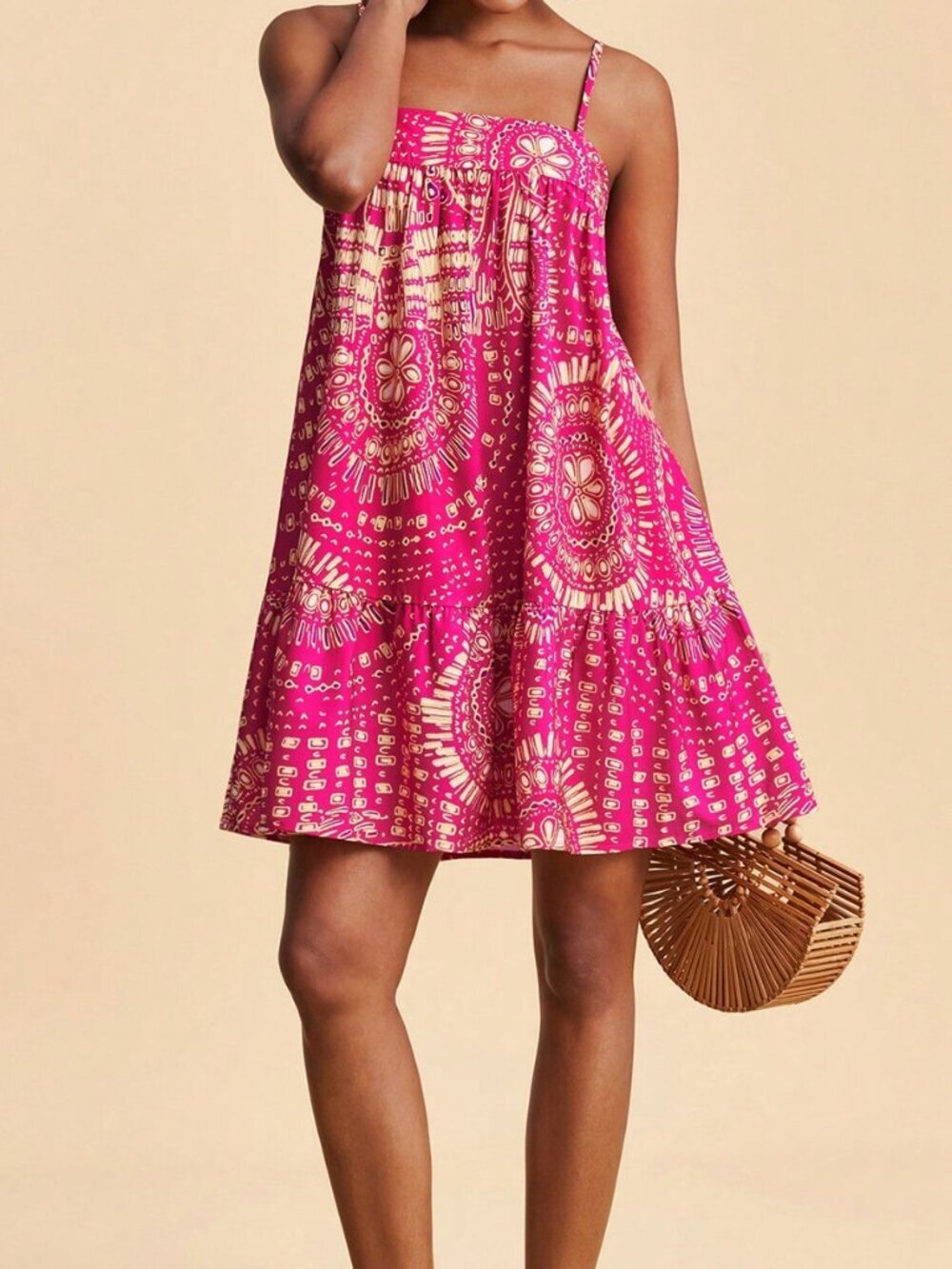 Multicolor Boho Women's Mini Dress Allover Print, Casual Vacation Beach Outfit - Picture 3 of 7